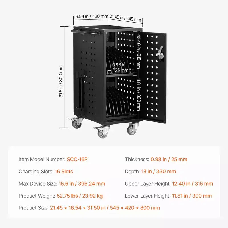 Charging Cart, 16 Device Mobile Charging Station, Up to 15.6 in Screen Size, Office and Classroom Mobile Charging Cart, for Chromebook