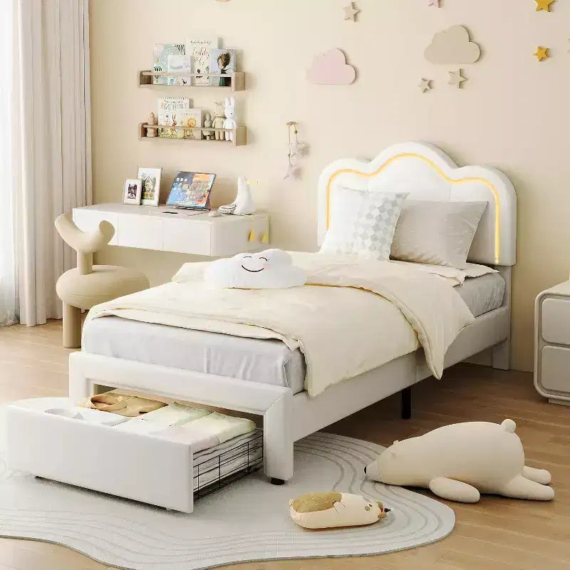 Velvet Upholstered Twin Platform Bed Frame with Height Adjustable Headboard, RGB LED Lights