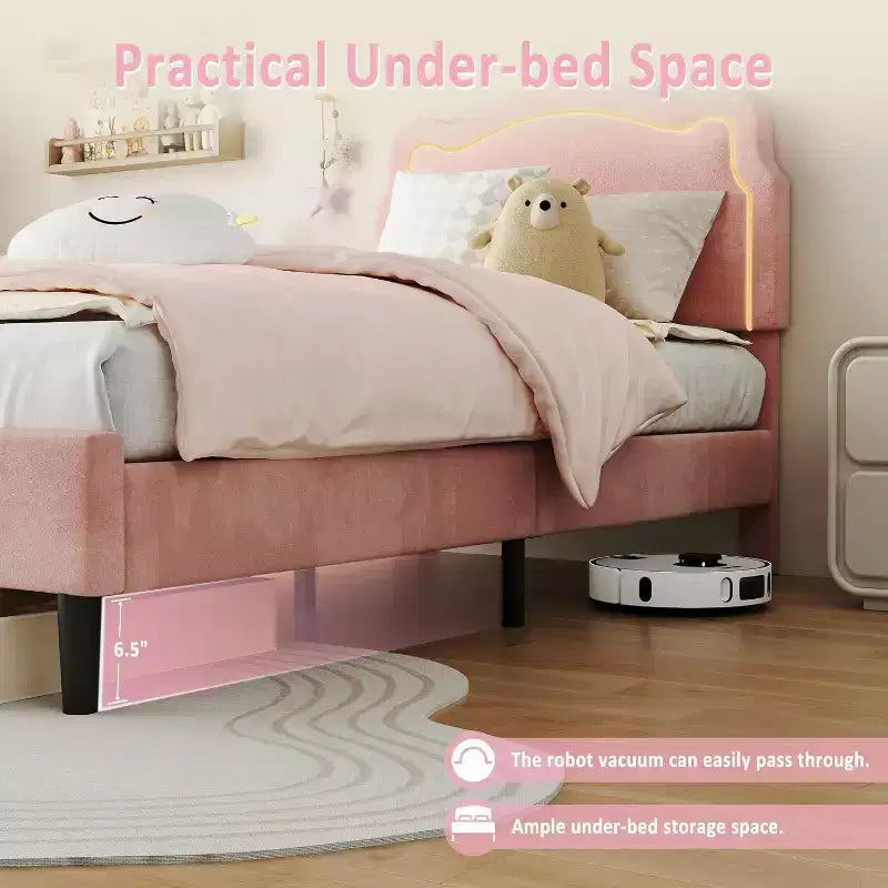 Velvet Upholstered Twin Platform Bed Frame with Height Adjustable Headboard, RGB LED Lights