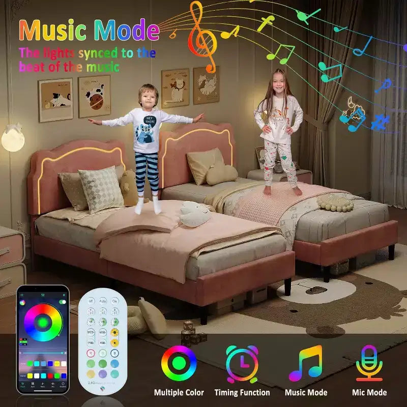 Velvet Upholstered Twin Platform Bed Frame with Height Adjustable Headboard, RGB LED Lights