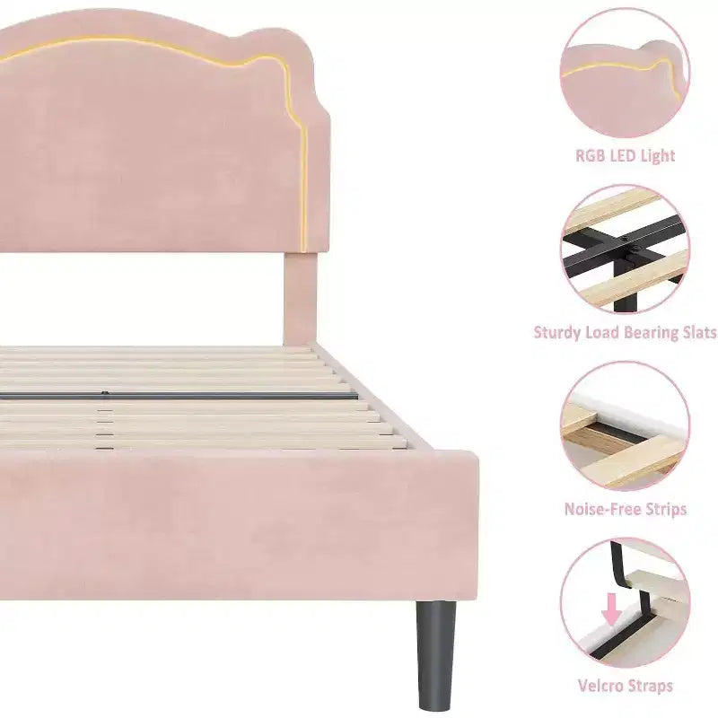 Velvet Upholstered Twin Platform Bed Frame with Height Adjustable Headboard, RGB LED Lights