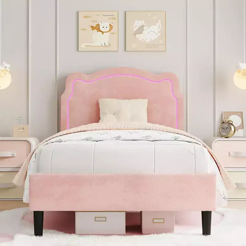 Velvet Upholstered Twin Platform Bed Frame with Height Adjustable Headboard, RGB LED Lights