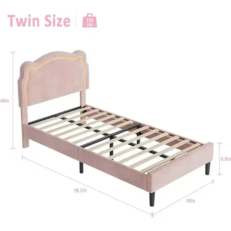 Velvet Upholstered Twin Platform Bed Frame with Height Adjustable Headboard, RGB LED Lights