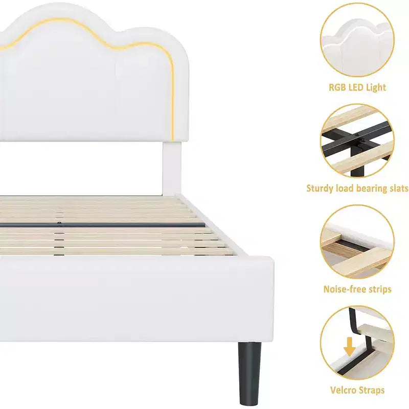Velvet Upholstered Twin Platform Bed Frame with Height Adjustable Headboard, RGB LED Lights