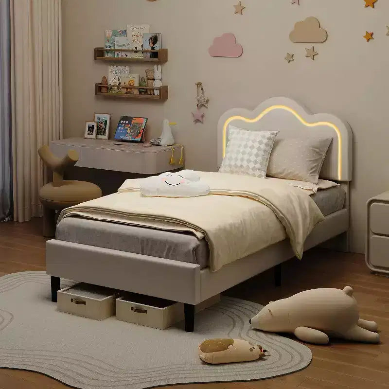 Velvet Upholstered Twin Platform Bed Frame with Height Adjustable Headboard, RGB LED Lights