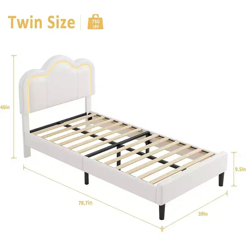 Velvet Upholstered Twin Platform Bed Frame with Height Adjustable Headboard, RGB LED Lights