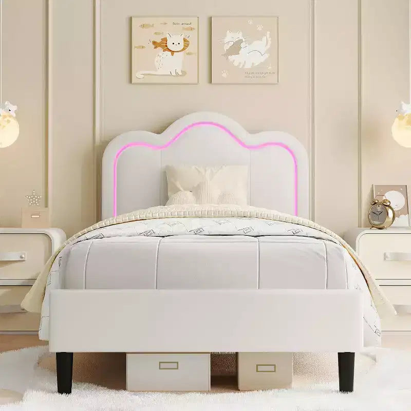Velvet Upholstered Twin Platform Bed Frame with Height Adjustable Headboard, RGB LED Lights