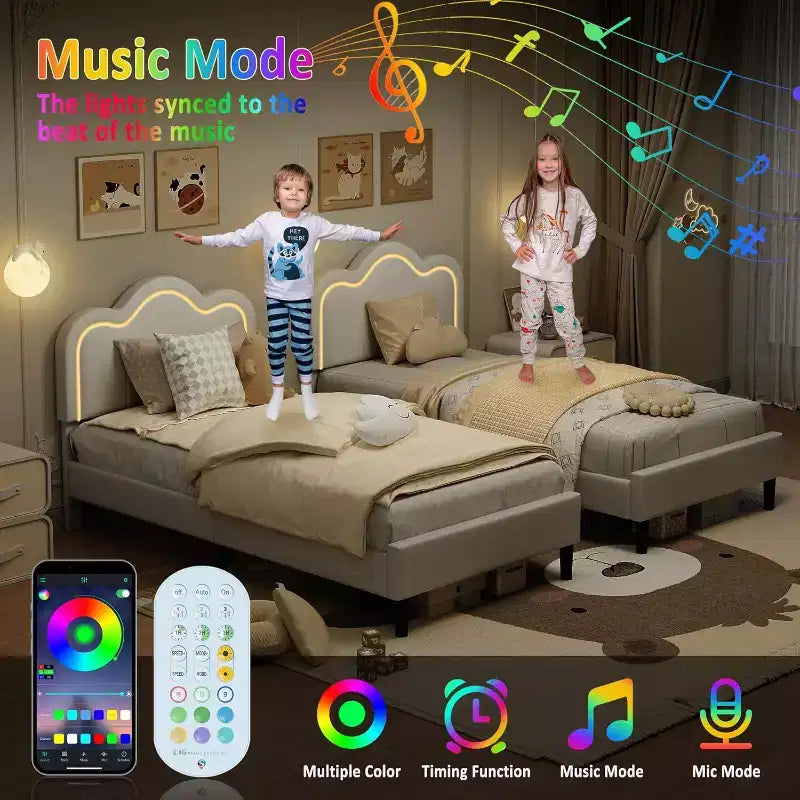 Velvet Upholstered Twin Platform Bed Frame with Height Adjustable Headboard, RGB LED Lights