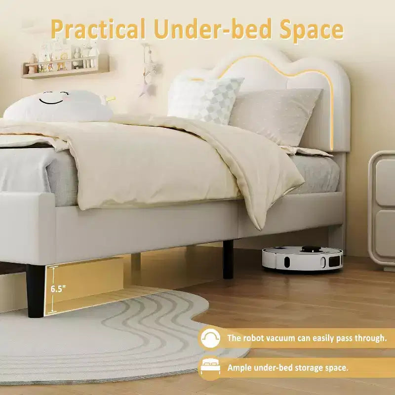 Velvet Upholstered Twin Platform Bed Frame with Height Adjustable Headboard, RGB LED Lights