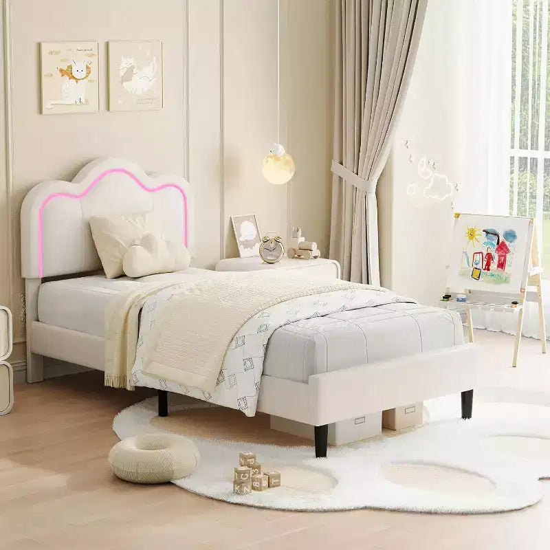 Velvet Upholstered Twin Platform Bed Frame with Height Adjustable Headboard, RGB LED Lights