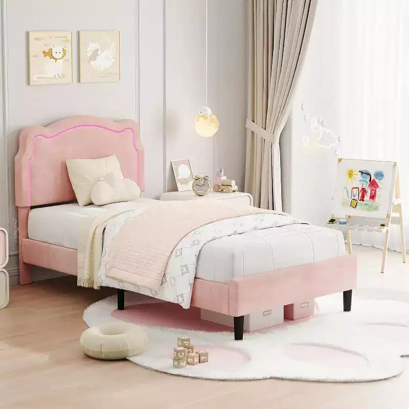 Velvet Upholstered Twin Platform Bed Frame with Height Adjustable Headboard, RGB LED Lights