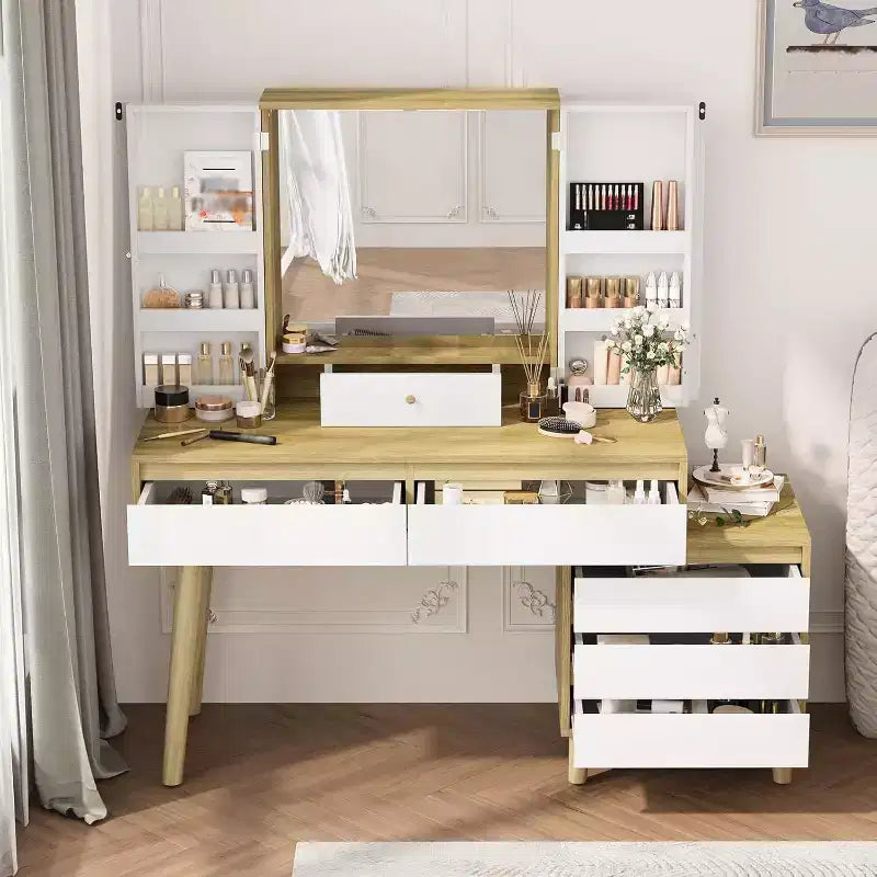 Makeup Vanity Dressing Table with Mirror, Vanity Desk 3 Color Lighting Modes and 6 Storage Drawers, Brightness Adjustable Vanity Desk for Bedroom