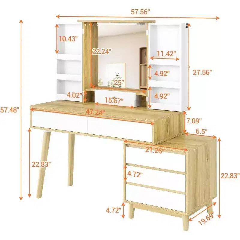 Makeup Vanity Dressing Table with Mirror, Vanity Desk 3 Color Lighting Modes and 6 Storage Drawers, Brightness Adjustable Vanity Desk for Bedroom