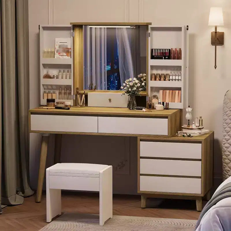 Makeup Vanity Dressing Table with Mirror, Vanity Desk 3 Color Lighting Modes and 6 Storage Drawers, Brightness Adjustable Vanity Desk for Bedroom