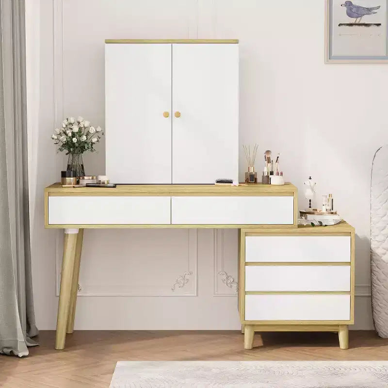 Makeup Vanity Dressing Table with Mirror, Vanity Desk 3 Color Lighting Modes and 6 Storage Drawers, Brightness Adjustable Vanity Desk for Bedroom