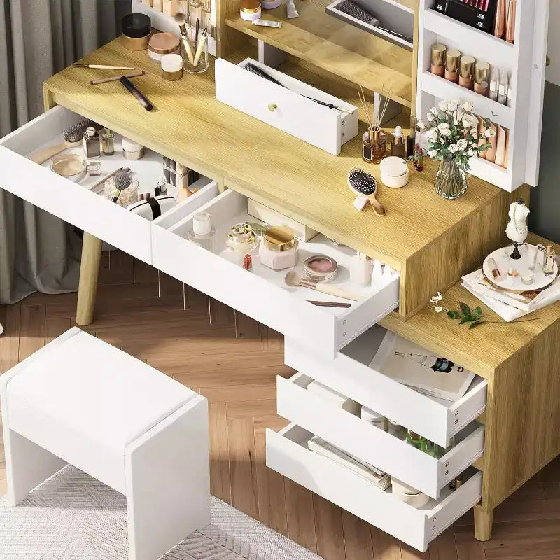 Makeup Vanity Dressing Table with Mirror, Vanity Desk 3 Color Lighting Modes and 6 Storage Drawers, Brightness Adjustable Vanity Desk for Bedroom