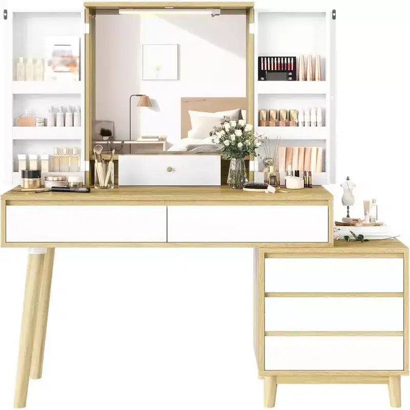 Makeup Vanity Dressing Table with Mirror, Vanity Desk 3 Color Lighting Modes and 6 Storage Drawers, Brightness Adjustable Vanity Desk for Bedroom