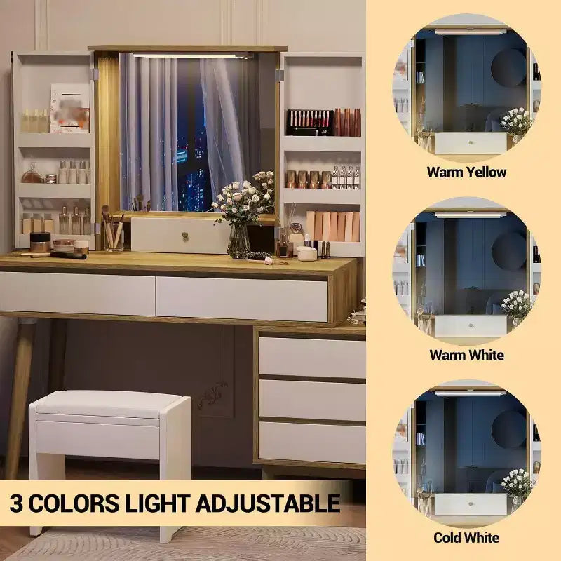 Makeup Vanity Dressing Table with Mirror, Vanity Desk 3 Color Lighting Modes and 6 Storage Drawers, Brightness Adjustable Vanity Desk for Bedroom