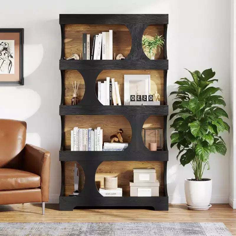 MAYEERTY 4-Tier S-Shaped Tall Bookcase Modern Black & Brown Two-Tone Classic Design