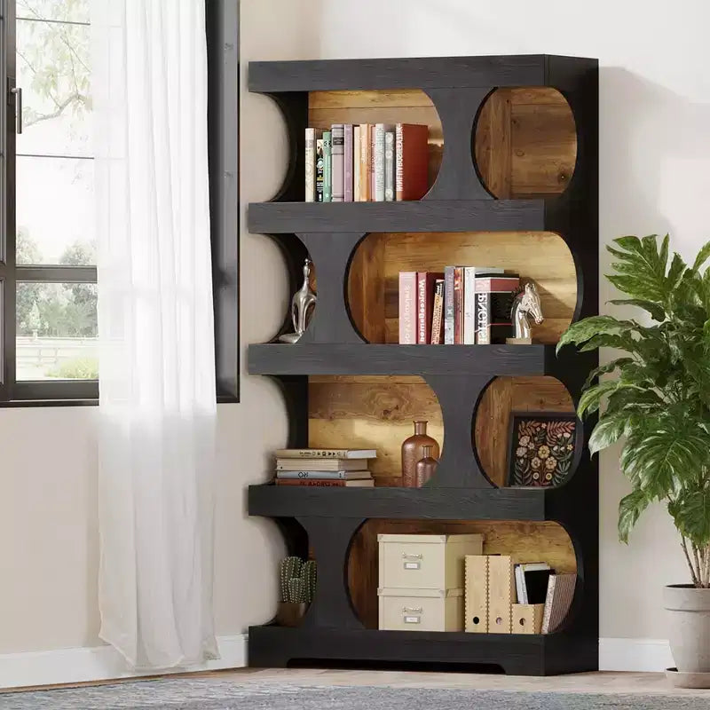 4-Tier S-Shaped Tall Bookcase Modern Black & Brown Two-Tone Classic Design