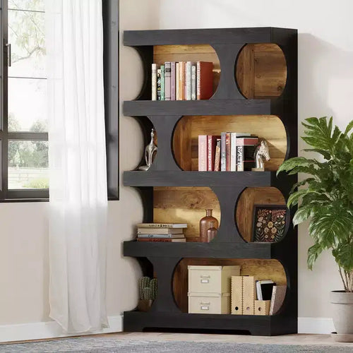 4-Tier S-Shaped Tall Bookcase Modern Black & Brown Two-Tone Classic Design