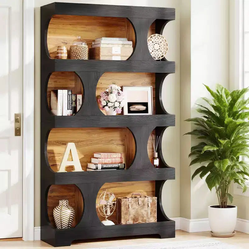4-Tier S-Shaped Tall Bookcase Modern Black & Brown Two-Tone Classic Design