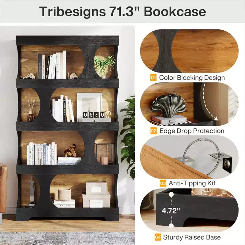 4-Tier S-Shaped Tall Bookcase Modern Black & Brown Two-Tone Classic Design