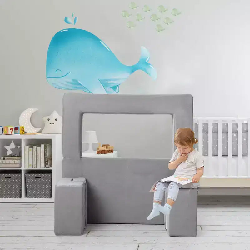 Modular Kids Couch for Toddler Playroom, Bedroom Imaginative Furniture, Kids Sofa for Playing, Sleeping, Toddler Girls and Boys, Grey