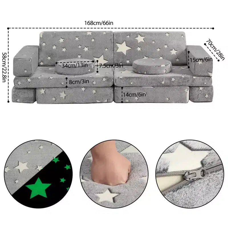 Modular Kids Couch for Toddler Playroom, Bedroom Imaginative Furniture, Kids Sofa for Playing, Sleeping, Toddler Girls and Boys, Grey