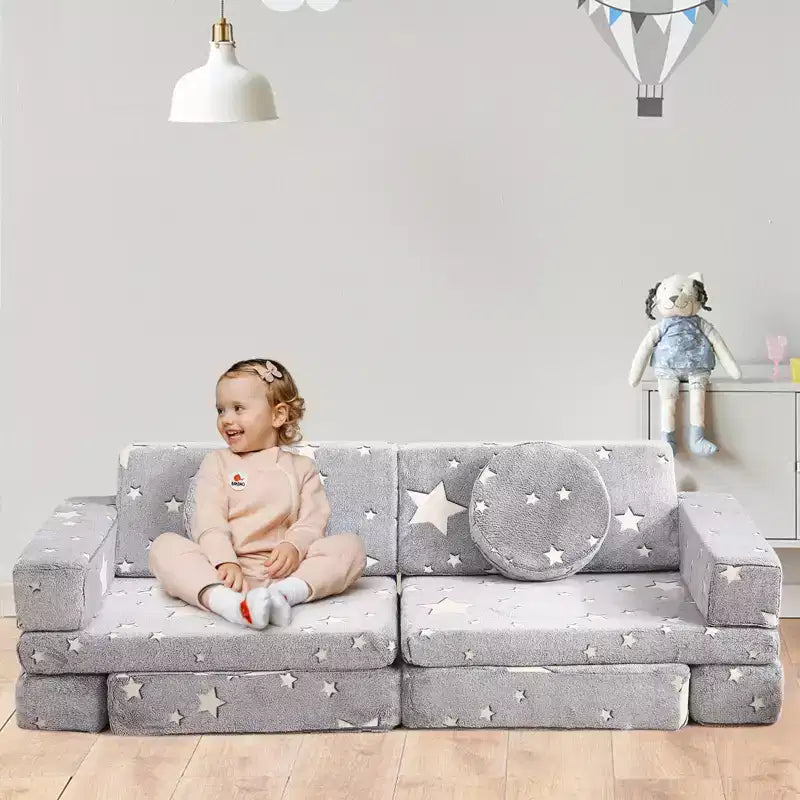Modular Kids Couch for Toddler Playroom, Bedroom Imaginative Furniture, Kids Sofa for Playing, Sleeping, Toddler Girls and Boys, Grey