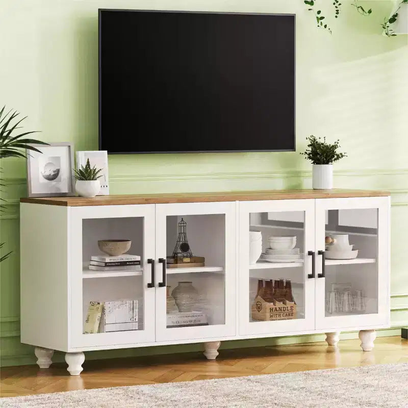 Farmhouse TV Stand with Tempered Glass Doors for TVs Up to 70, Versatile Sideboard with Adjustable Shelves
