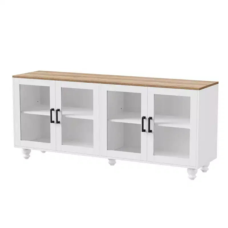 Farmhouse TV Stand with Tempered Glass Doors for TVs Up to 70, Versatile Sideboard with Adjustable Shelves
