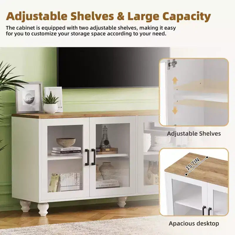 Farmhouse TV Stand with Tempered Glass Doors for TVs Up to 70, Versatile Sideboard with Adjustable Shelves