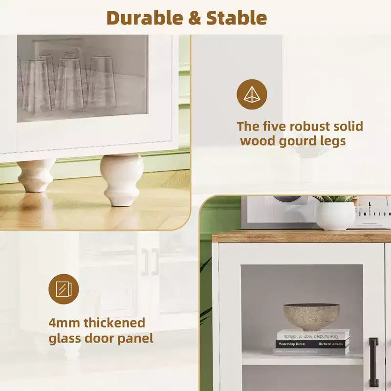 Farmhouse TV Stand with Tempered Glass Doors for TVs Up to 70, Versatile Sideboard with Adjustable Shelves