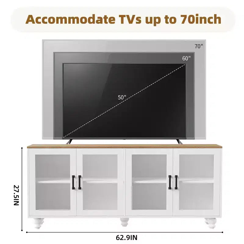 Farmhouse TV Stand with Tempered Glass Doors for TVs Up to 70, Versatile Sideboard with Adjustable Shelves