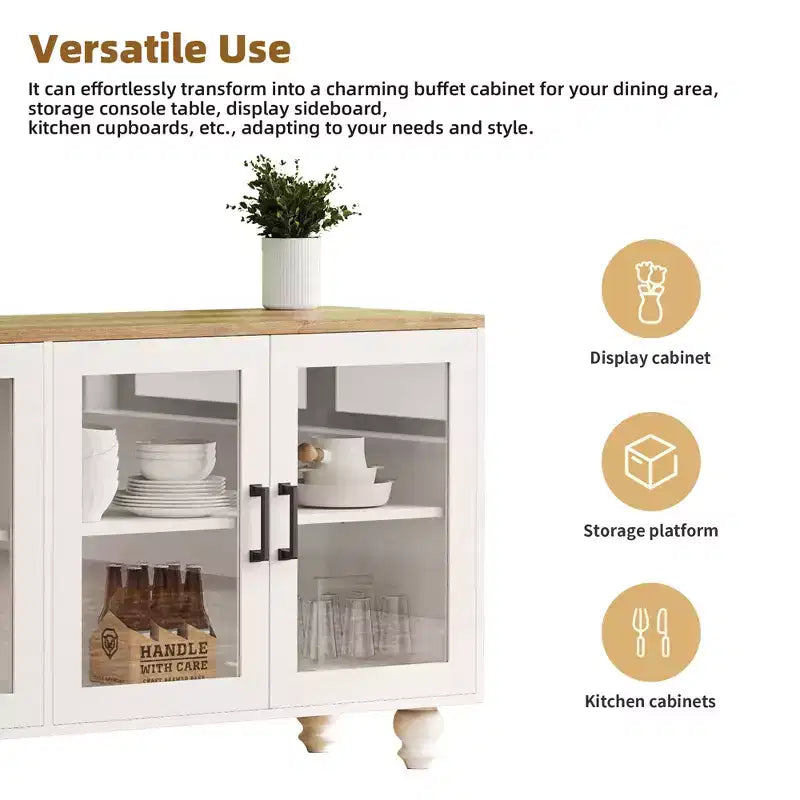 Farmhouse TV Stand with Tempered Glass Doors for TVs Up to 70, Versatile Sideboard with Adjustable Shelves