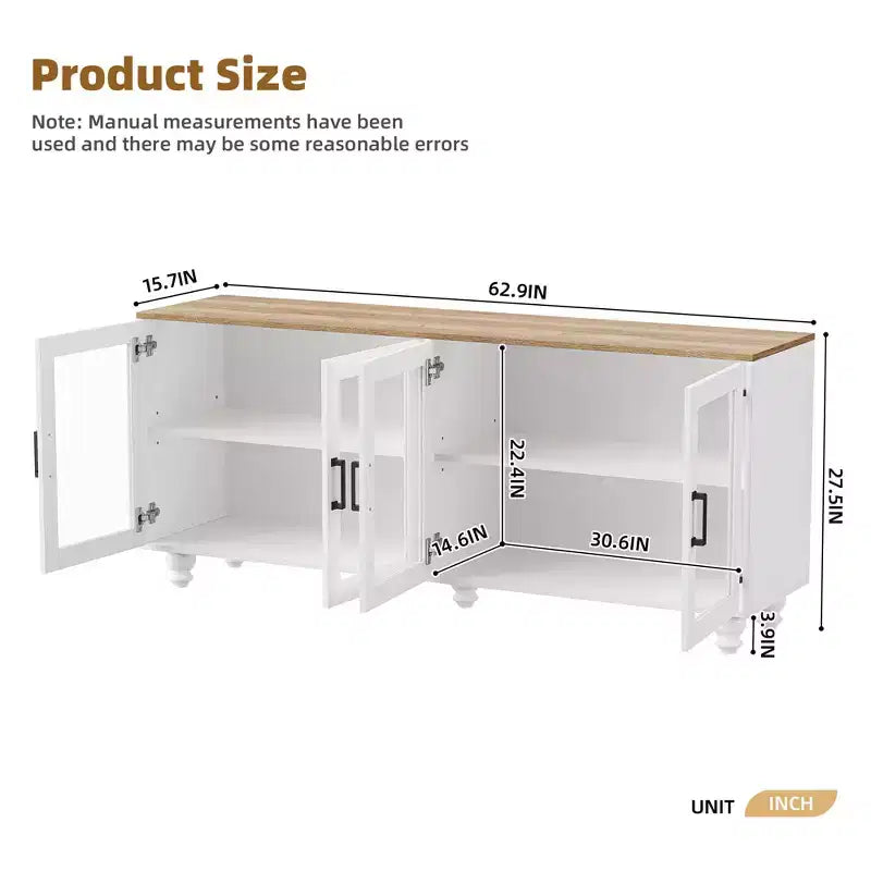 Farmhouse TV Stand with Tempered Glass Doors for TVs Up to 70, Versatile Sideboard with Adjustable Shelves