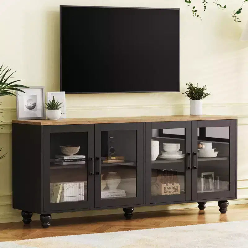 Farmhouse TV Stand with Tempered Glass Doors for TVs Up to 70, Versatile Sideboard with Adjustable Shelves