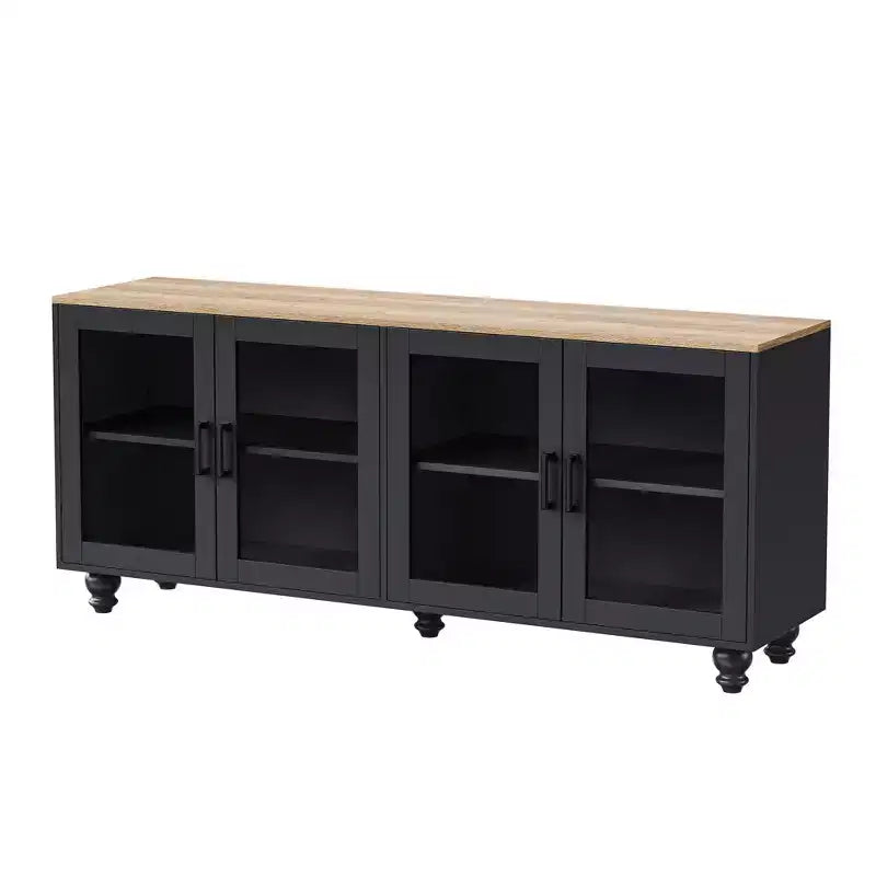 Farmhouse TV Stand with Tempered Glass Doors for TVs Up to 70, Versatile Sideboard with Adjustable Shelves