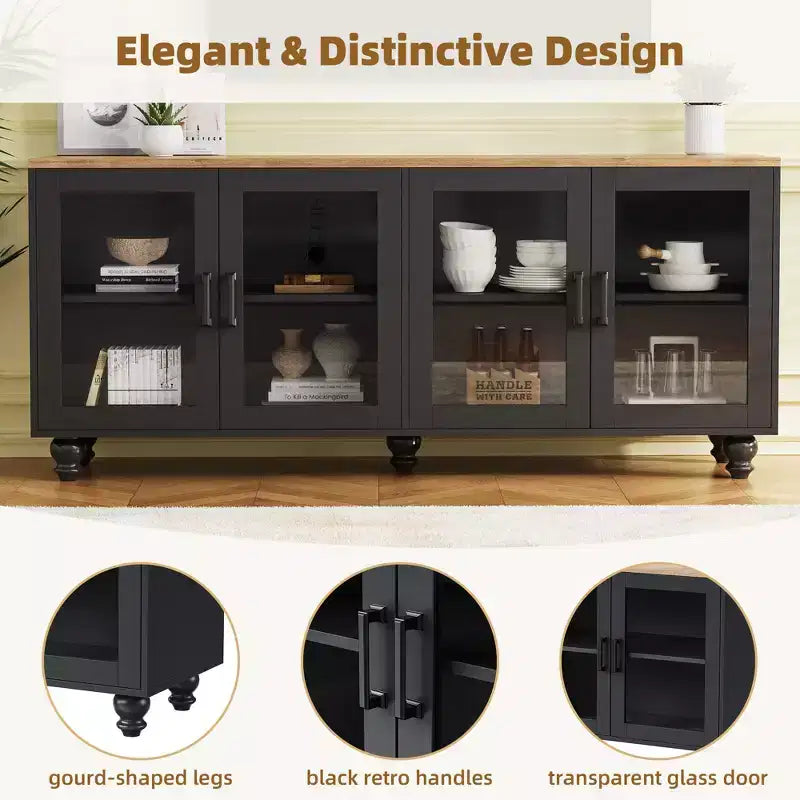 Farmhouse TV Stand with Tempered Glass Doors for TVs Up to 70, Versatile Sideboard with Adjustable Shelves