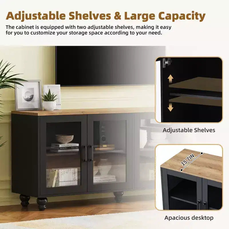 Farmhouse TV Stand with Tempered Glass Doors for TVs Up to 70, Versatile Sideboard with Adjustable Shelves