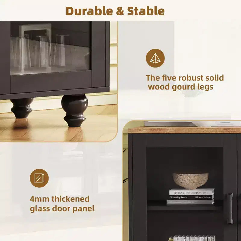 Farmhouse TV Stand with Tempered Glass Doors for TVs Up to 70, Versatile Sideboard with Adjustable Shelves