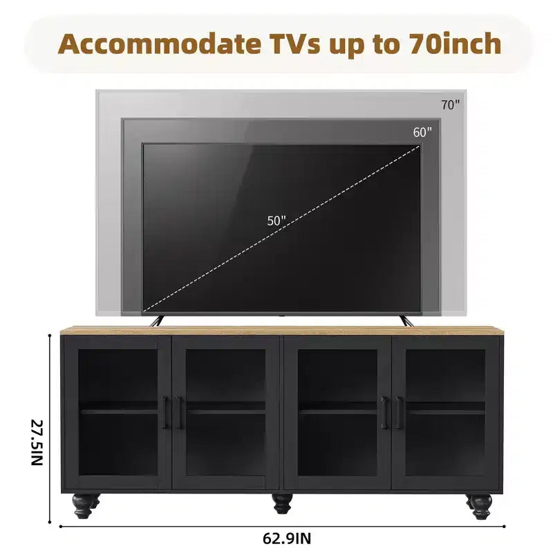 Farmhouse TV Stand with Tempered Glass Doors for TVs Up to 70, Versatile Sideboard with Adjustable Shelves