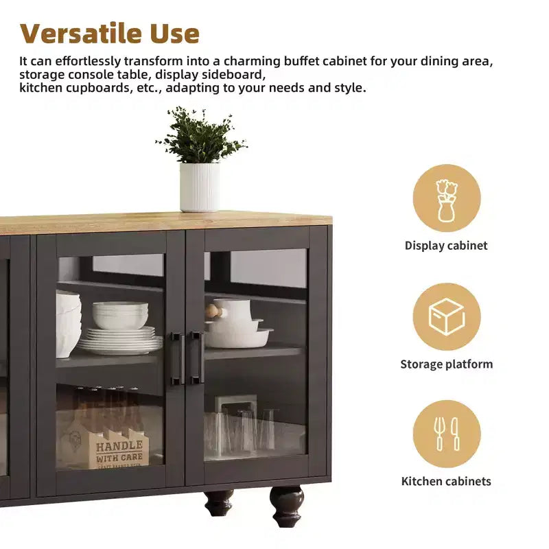 Farmhouse TV Stand with Tempered Glass Doors for TVs Up to 70, Versatile Sideboard with Adjustable Shelves