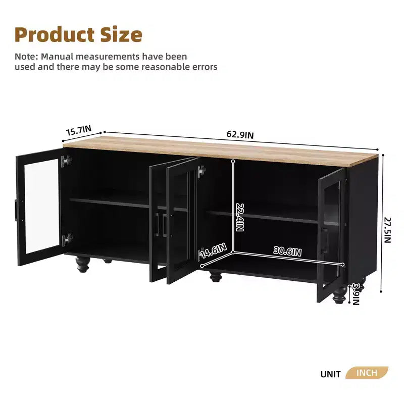 Farmhouse TV Stand with Tempered Glass Doors for TVs Up to 70, Versatile Sideboard with Adjustable Shelves