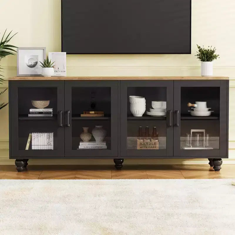 CLIHOME Farmhouse TV Stand with Tempered Glass Doors for TVs Up to 70, Versatile Sideboard with Adjustable Shelves