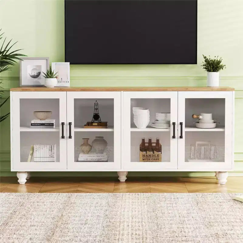 Farmhouse TV Stand with Tempered Glass Doors for TVs Up to 70, Versatile Sideboard with Adjustable Shelves