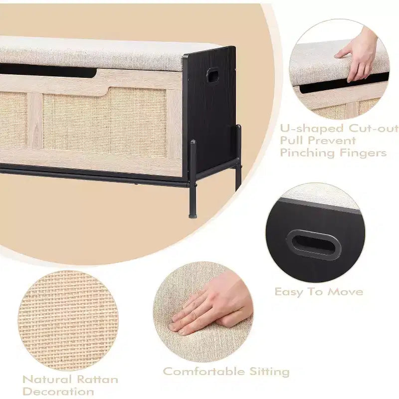 1PC Rattan Storage Ottoman - with 2 Safety Hinges & 15mm Thickened Panel - Flip-Top Entryway Bench, Black Oak