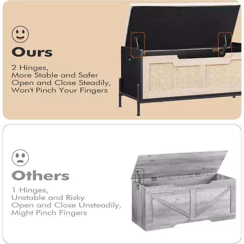 1PC Rattan Storage Ottoman - with 2 Safety Hinges & 15mm Thickened Panel - Flip-Top Entryway Bench, Black Oak