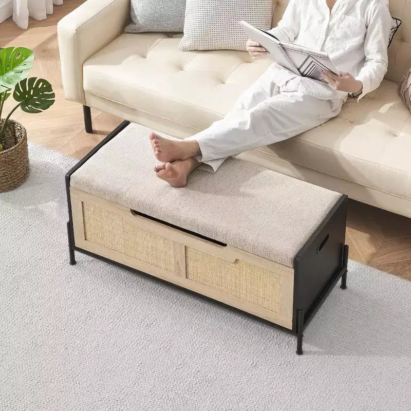 1PC Rattan Storage Ottoman - with 2 Safety Hinges & 15mm Thickened Panel - Flip-Top Entryway Bench, Black Oak